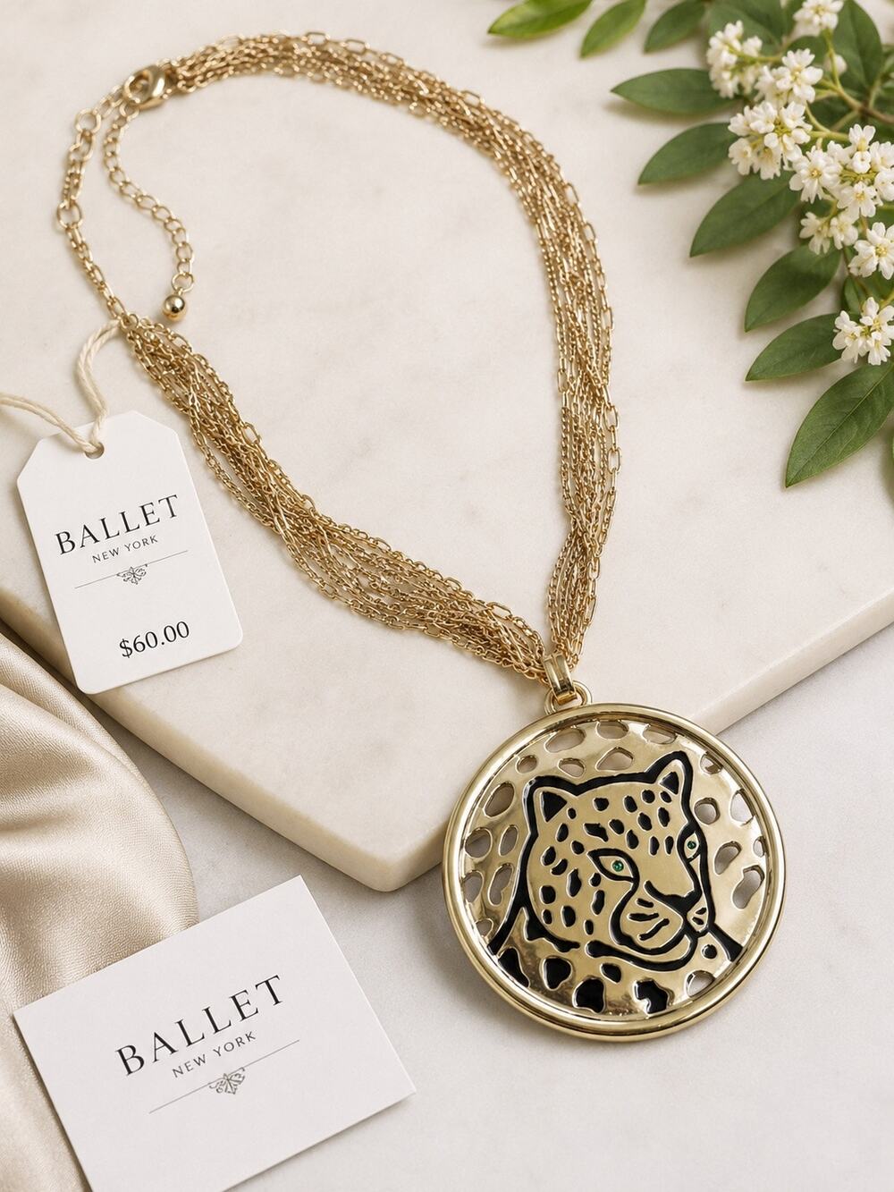 Ballet Gold Tone Leopard Pendant Statement Necklace | Green Rhinestone Eyes NWT